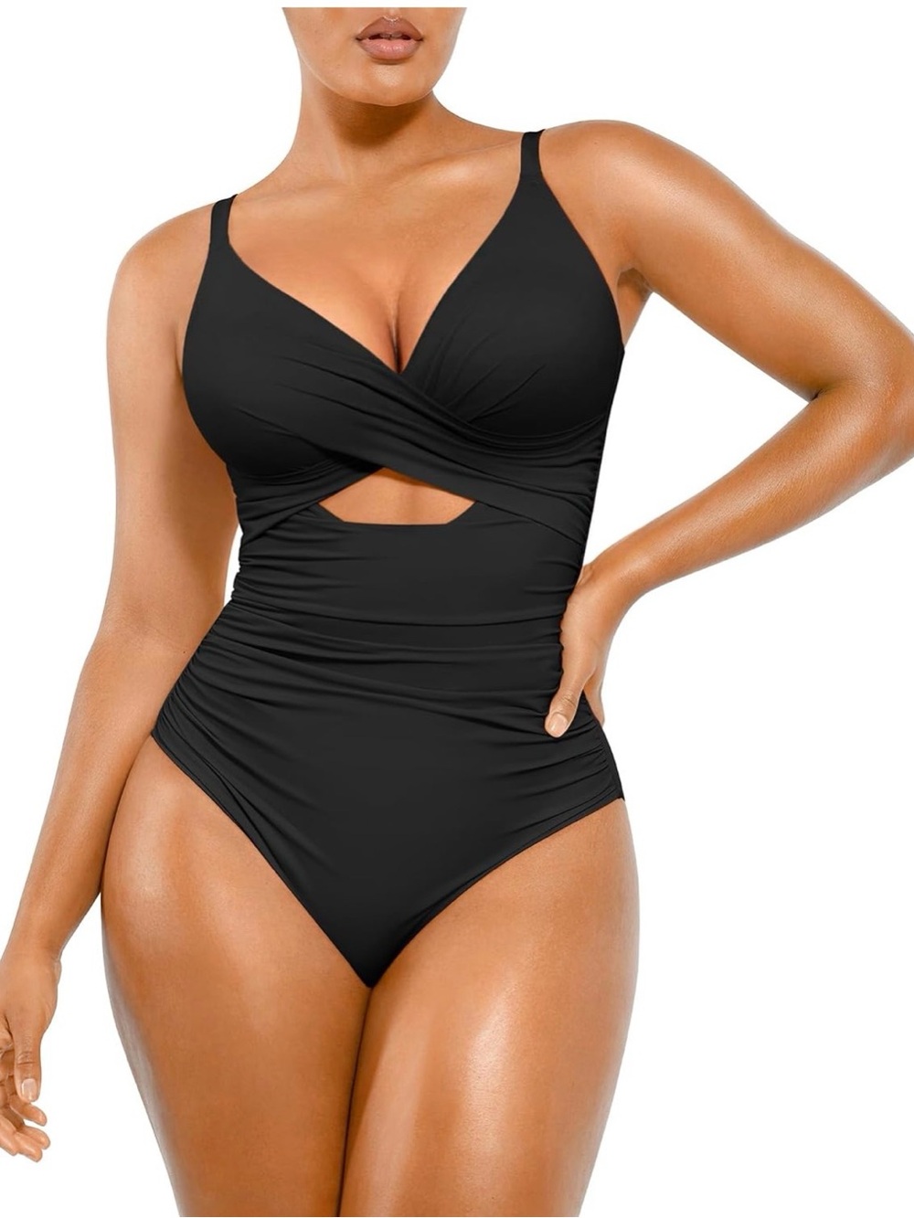 SHAPELLX Smart Sculpt Ruched V-Neck Tummy Control Swimsuit Black 2XL Summer